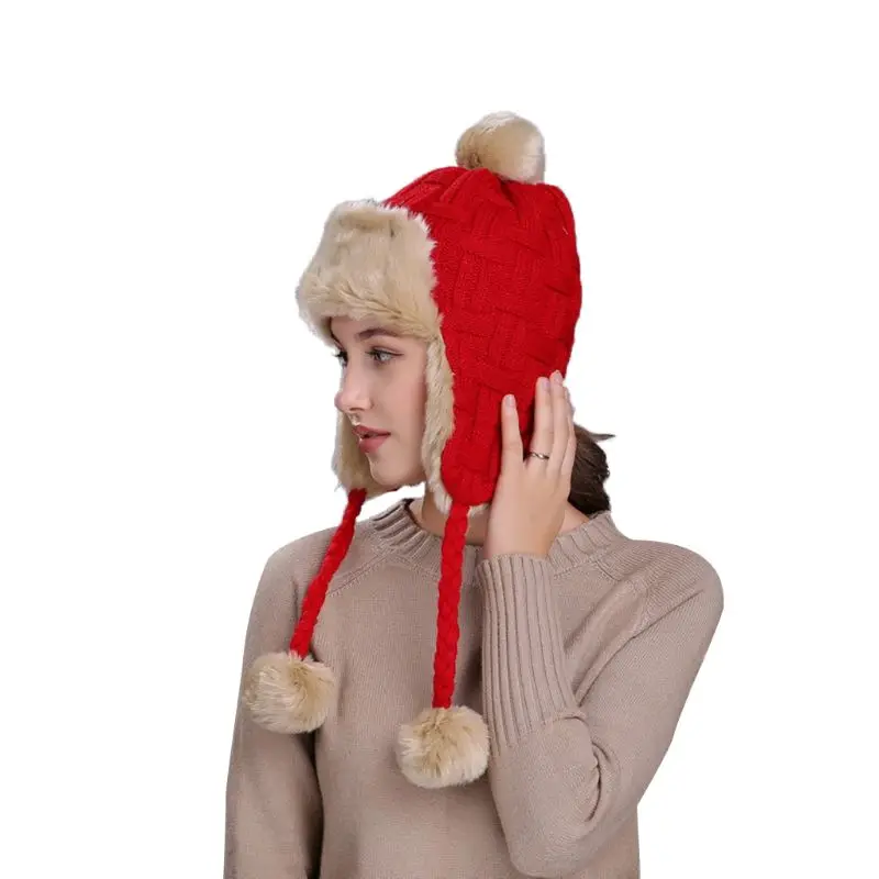 11 Styles Women Winter Thicken Lining Earflap Hat Knitted Contrast Color Snow Ski Beanie Cap Pompom Ball Long Tassels Ear Warmer - Цвет: Red(solid)