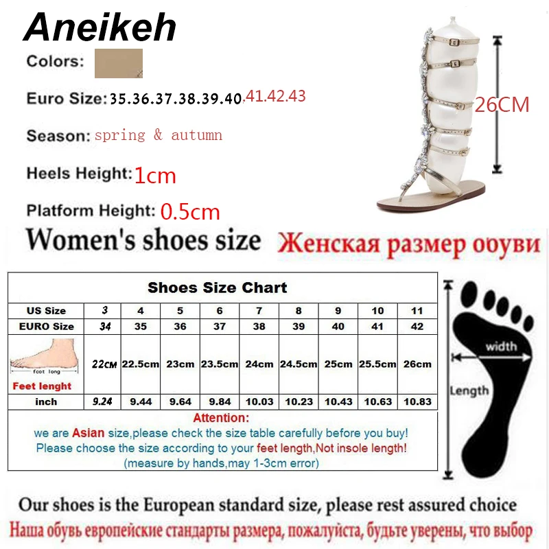 Aneikeh/Сапоги до колена обувь с пряжкой buckle Strap Flats открытые ботинки с ремешками в стиле «Гладиатор»; сезон лето; стразы; женские ботинки Женская обувь в богемном стиле Стиль с украшением в виде кристаллов Пляжная обувь