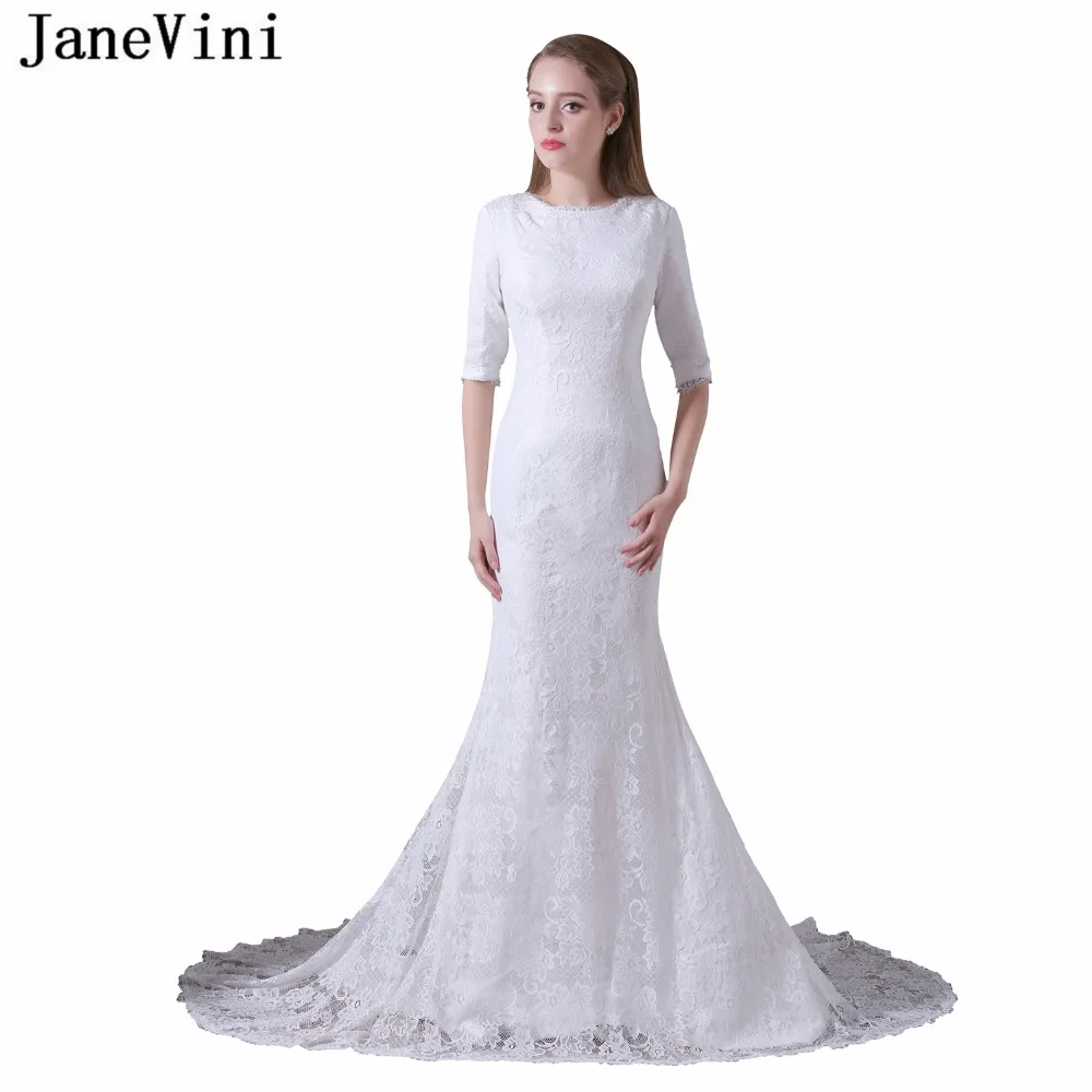 

JaneVini 2019 Vintage White Lace Wedding Dresses with Sleeves Button Back Mermaid Bridal Gowns Plus Size Vestido De Noiva Renda