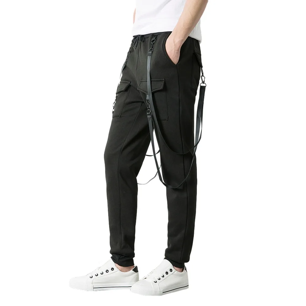Модные для мужчин брюки для девочек уличная хип поп Strapped клапаном карман брюки с большим количеством карманов одноцветное цвет мотобрюки