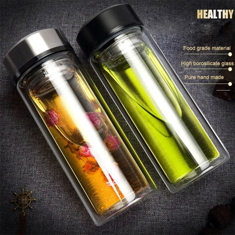 320ML Glass Water Bottle Business Men Office Transparent Double Glass