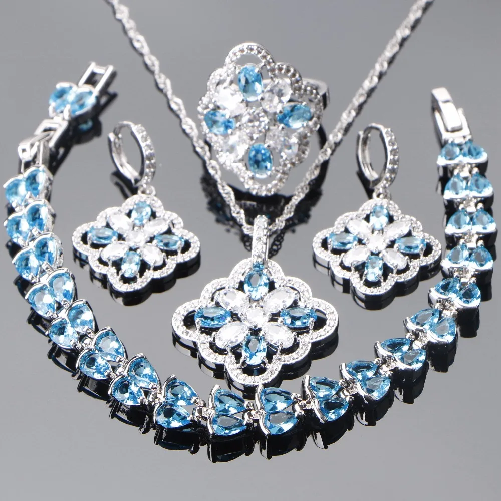 

Bridal 925 Sterling Silver Jewelry Sets Blue Zircon Earrings For Women Silver Jewelry Stone Bracelet Pendant Rings Set Gift Box