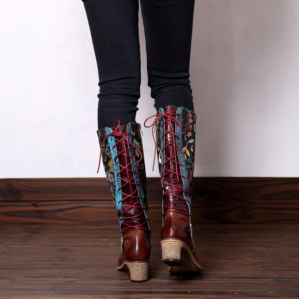 Женские ковбойские ботинки в стиле ретро с цветочным принтом; женская обувь; женские ботинки до середины икры из натуральной кожи; зимние рыцарские сапоги в богемном стиле; Botas Mujer