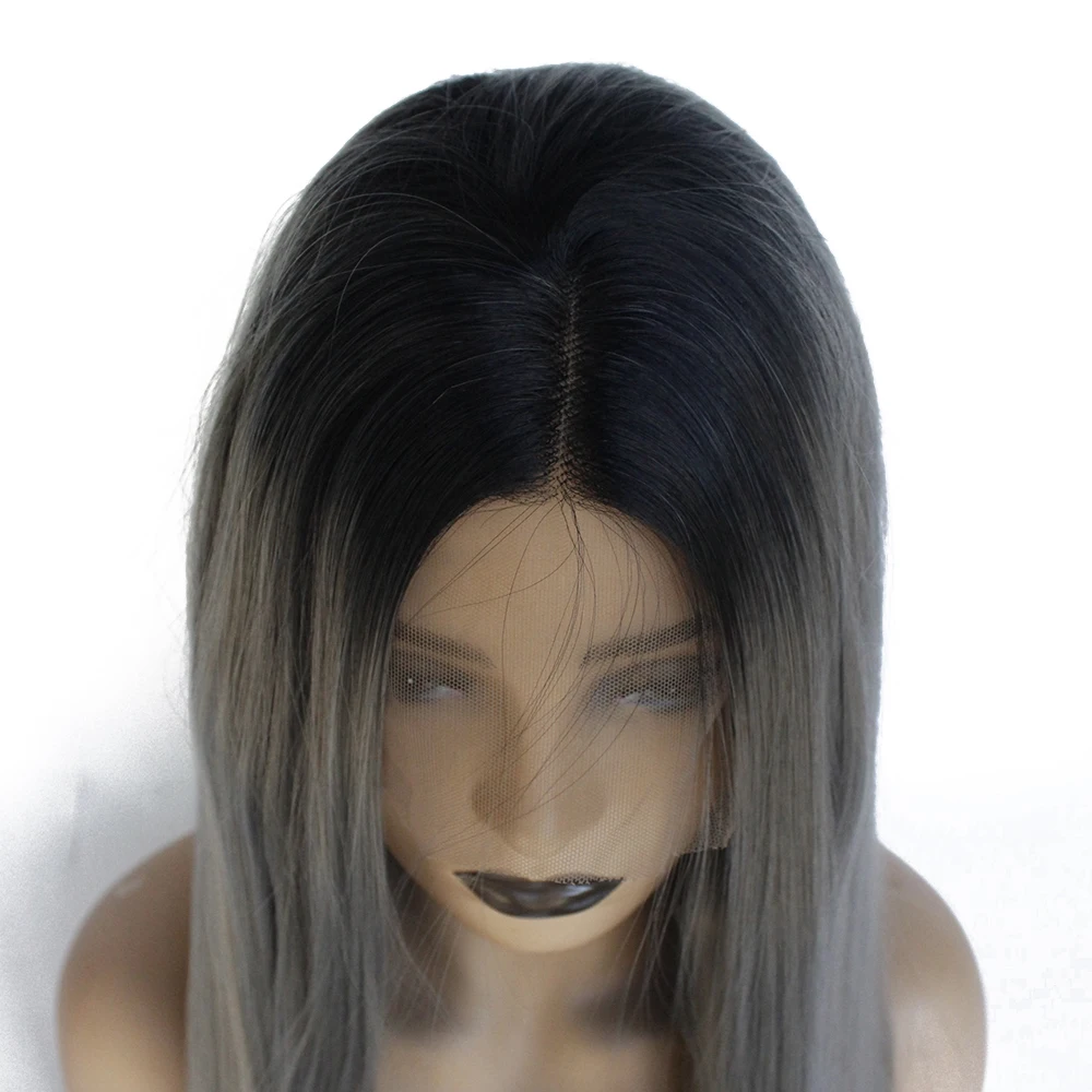 Dark Grey Lace Front Wig Black Roots Ombre Gray 2 Tone Long Natural Straight Wigs Realistic Synthetic Hair Replacement Wig for Women Half Hand Tied-8