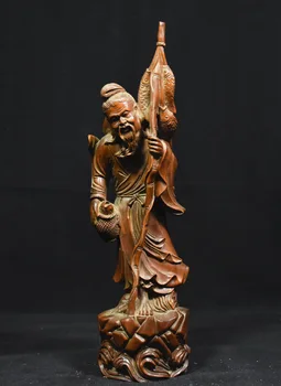 

christmas 10" Chinese Folk Boxwood Wood Carved Old Man fisherman fisher Fish figure Statue halloween