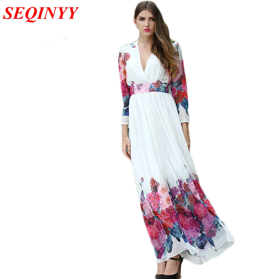 

Sexy Long Dress 2016 Summer Runway Fashion Flowers Print Slim Big Swing New V-neck Long Sleeve Floor Length Zip Women Dress