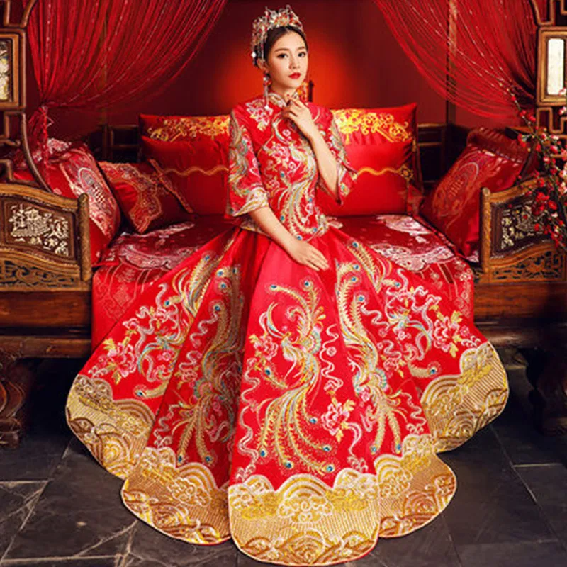 Традиционный свадебное платье новый китайский невесты женщина Cheongsam женщины Феникс Вышивка Платье Современные Qipao красный Восточный