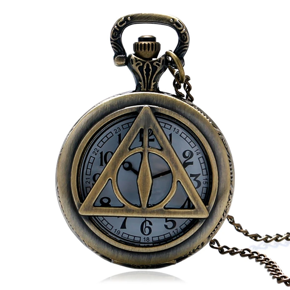 

Bronze Retro Triangle The Deathly Hallows Lord Analog Quartz Pocket Watch Men Women Children Necklace Birthday Gift