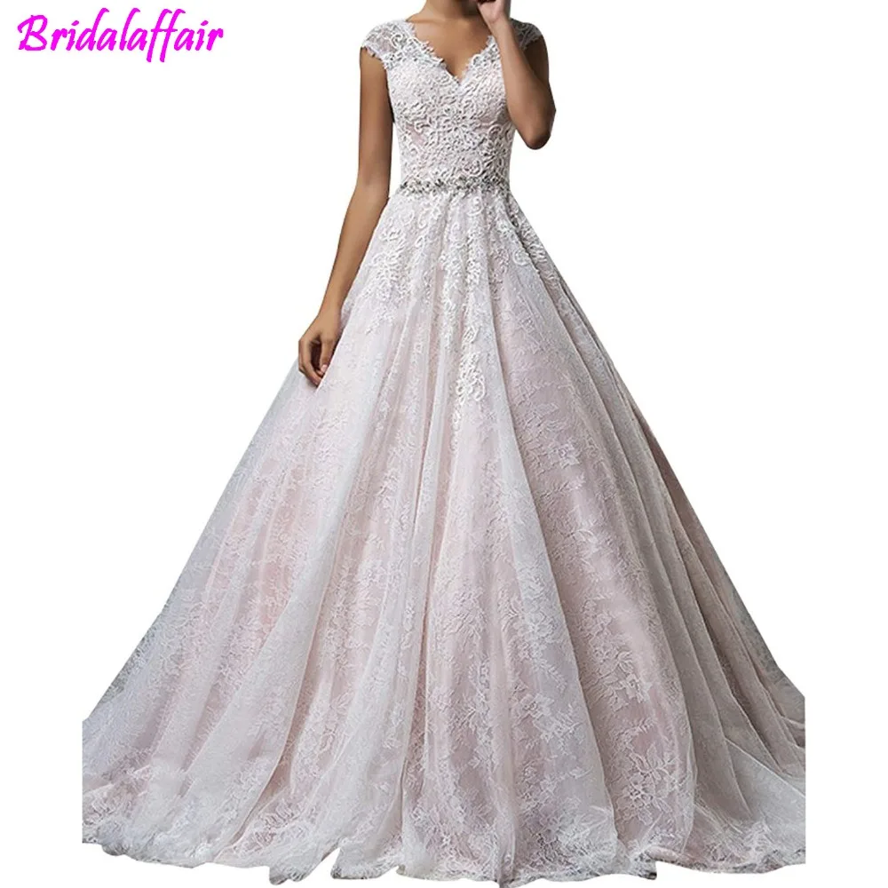 

Women's V Neck A Line Lace Applique Cap Sleeve Sheer Back Bridal Dress wedding dress 2018 plus size wedding gowns for bride