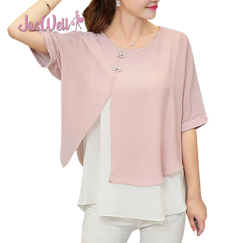 

JasWell New Fashion Summer Loose Casual Women Chiffon Blouses Shirt Batwing Sleeve Two Layer Ladies Tops Buttons Blusas Clothing
