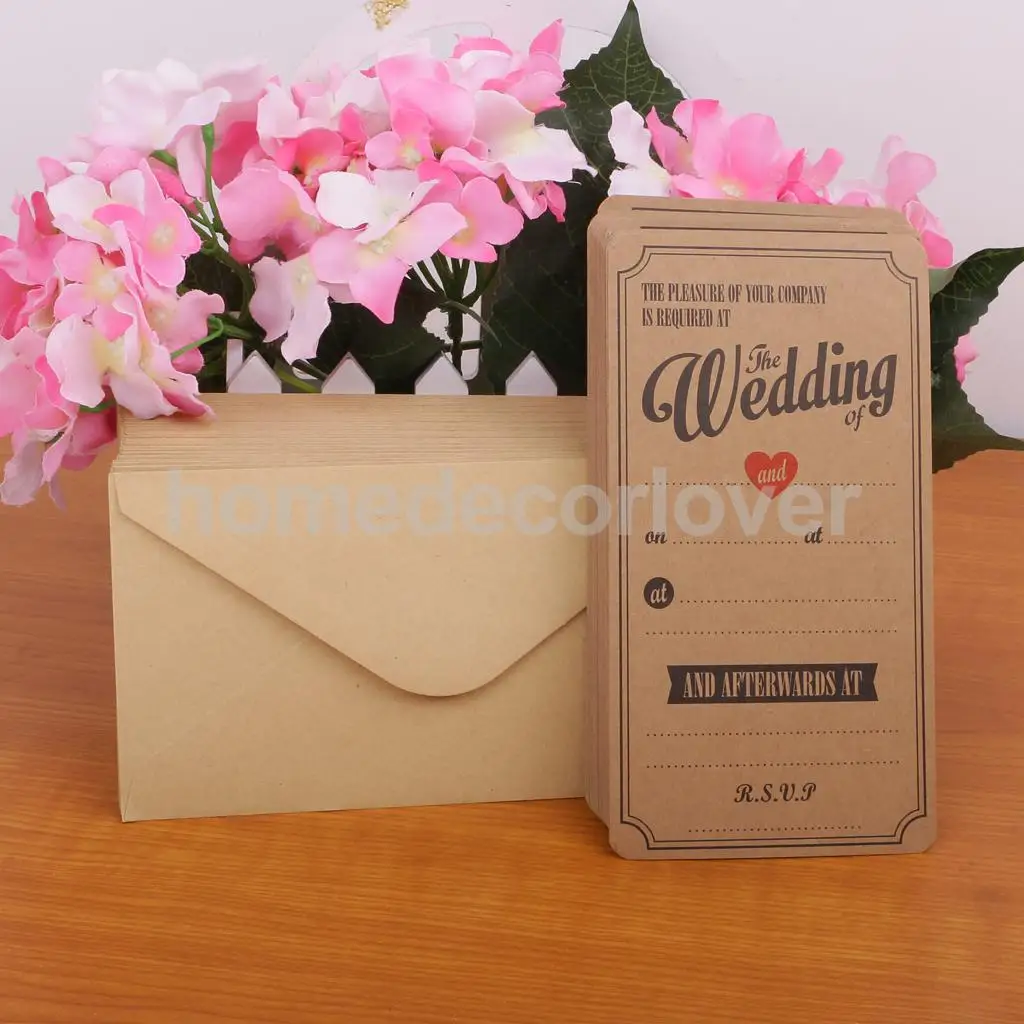 

50pcs Vintage Affair Rustic Wedding Evening Invitations in Brown Kraft Paper with Envelopes