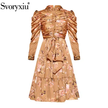

Svoryxiu Designer Vintage Autumn Dress Women's Elegant Stand Collar Puff Sleeve Flower Print Fold Bow Party Dress Vestdios