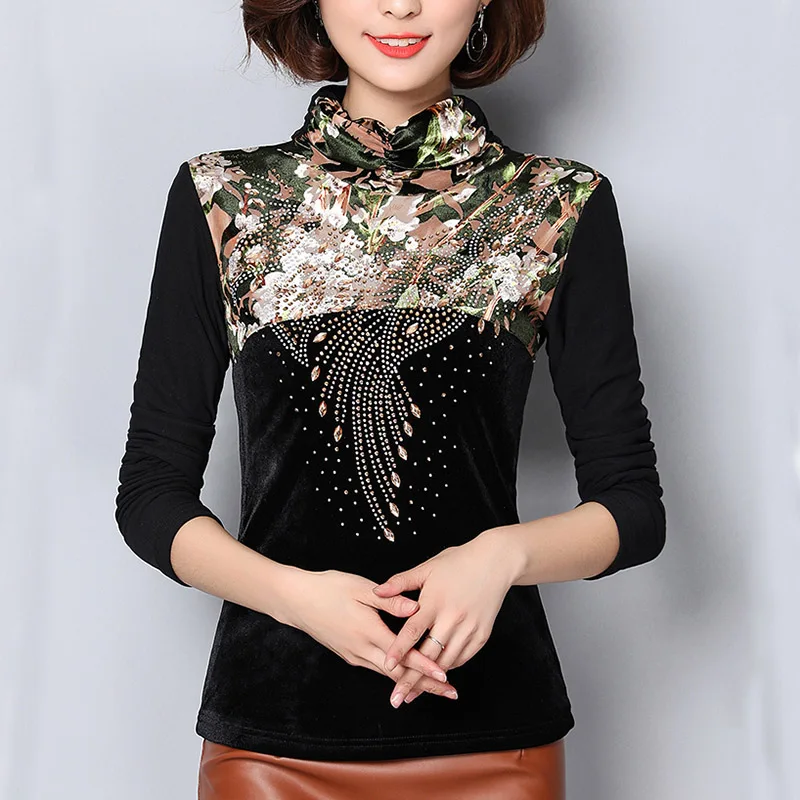 En Ligne Plus la Taille 4XL Blouses Femmes Tops 2019 Automne Hiver Chaud Élégant perles Femmes blouse Chemise épaisse plus le velours blusas mujer