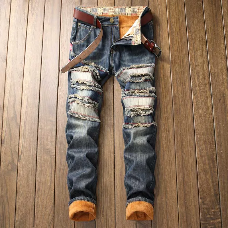 Mcikkny Fashion Men's Winter Thick Ripped Jeans Warm Fleeced Lined Denim Trousers Hi-street Warm Distressed Jeans Pants Straight (2)