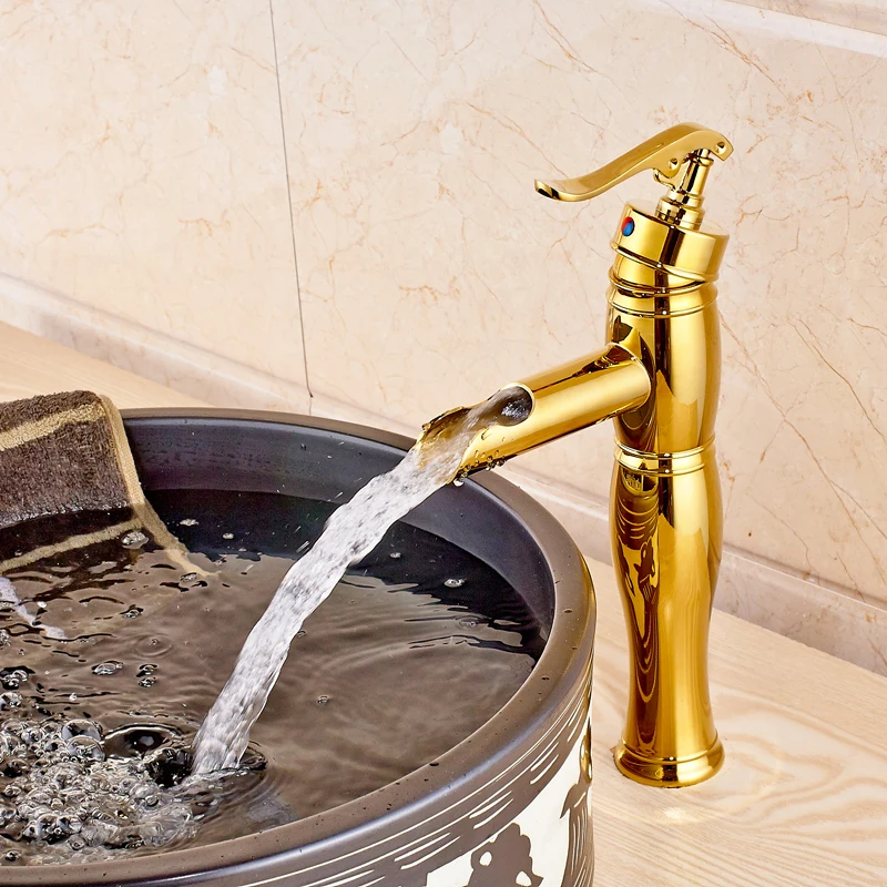 

Modern Golden Single Lever Countertop Bathroom Vessel Sink Faucet Deck Mounted Mixer Crane Tap One Hole