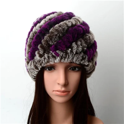 IANLAN женские зимние шапки из натурального меха для девочек вязаные шапки из кроличьего меха Рекс женские разноцветные меховые шапки в полоску с подкладкой IL00018 - Цвет: Purple Coffee