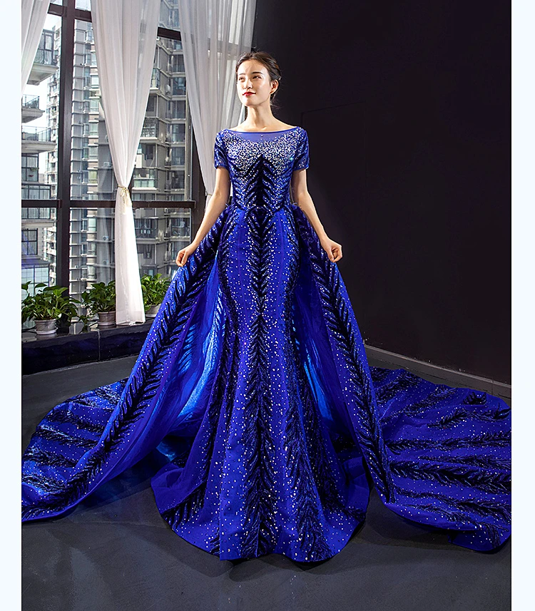 2 Piece Royal Blue Dubai Saudi Arabia Luxury Sequined Sparkle Mermaid Evening Dresses Short Sleeve Beading Evening Gowns Kaftan