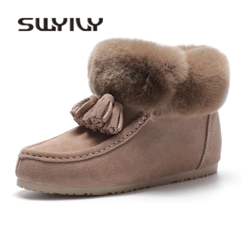 SW Rabbit Fur Winter Snow Boots Shoes Flat Loafers High Top 2018 Genuine Leather Female Fashion Warm Shoes Tassel Now Boots 40