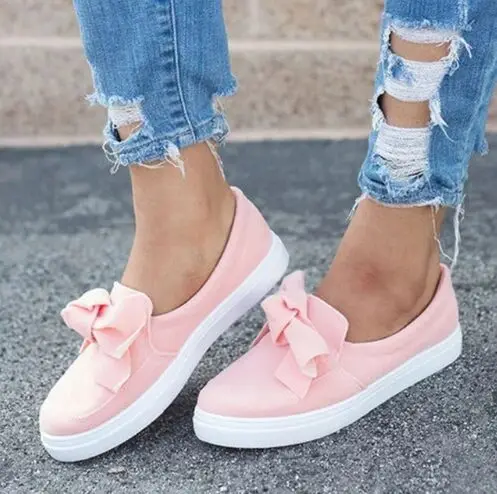 

Spring Casual Flat Plus Size Women Sneakers Ladies Flock Bow Tie Slip On Shallow Vulcanized Shoes Female Flats Footwear 35-43