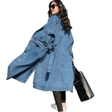 Весенний женский джинсовый Тренч X-Long женское джинсовое пальто свободная ветровка Женское пальто с поясом Casaco Feminino CM244