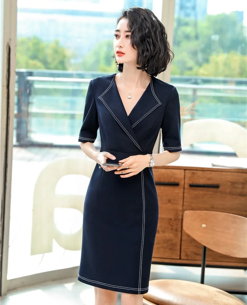 Формальные Стили OL новые стили бизнес женское платье для офиса Дамская рабочая одежда летние платья тонкие бедра женские платья - Цвет: Navy Blue
