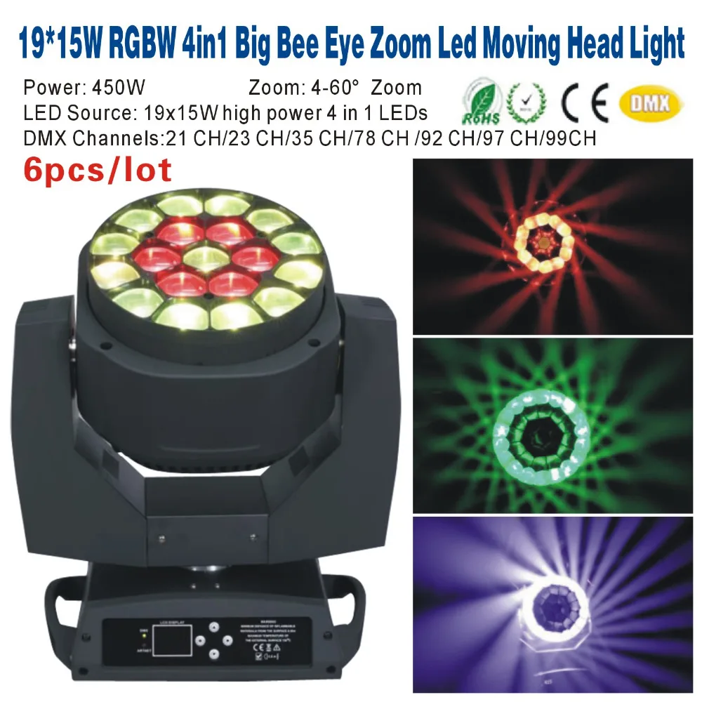 6pcs Zoom 19*15W RGBW 4IN1 Big Bee Eye Led Moving Head Light/Stage Event DMX512 Wedding Wash Beam moving head DJ disco light | Лампы и
