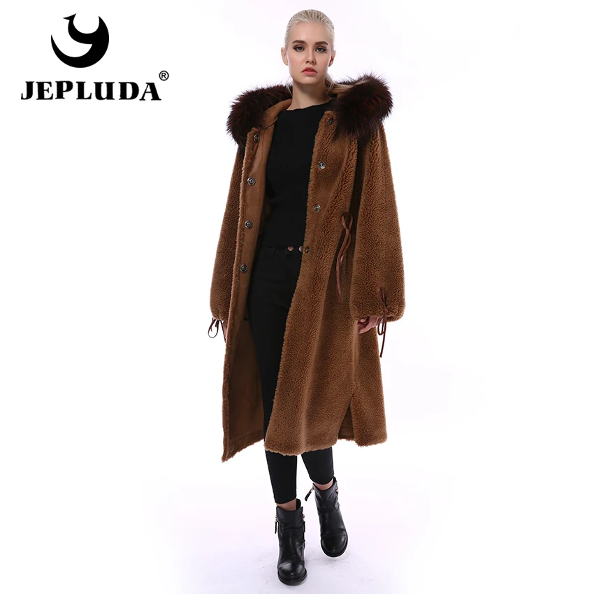 

JEPLUDA Elegant Warm Real Fur Coat Women Winter Real Fox Fur Hooded Natural Wool Blends Coat Long Sheep Fur Coat Real Fur Jacket