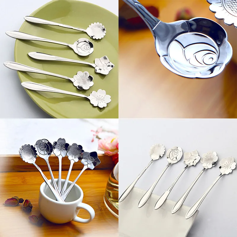5pcs Tea Spoon Ice Cream Coffee Scoop Stainless Steel Flower Shape Soup Spoon Tableware Five Style For Choose