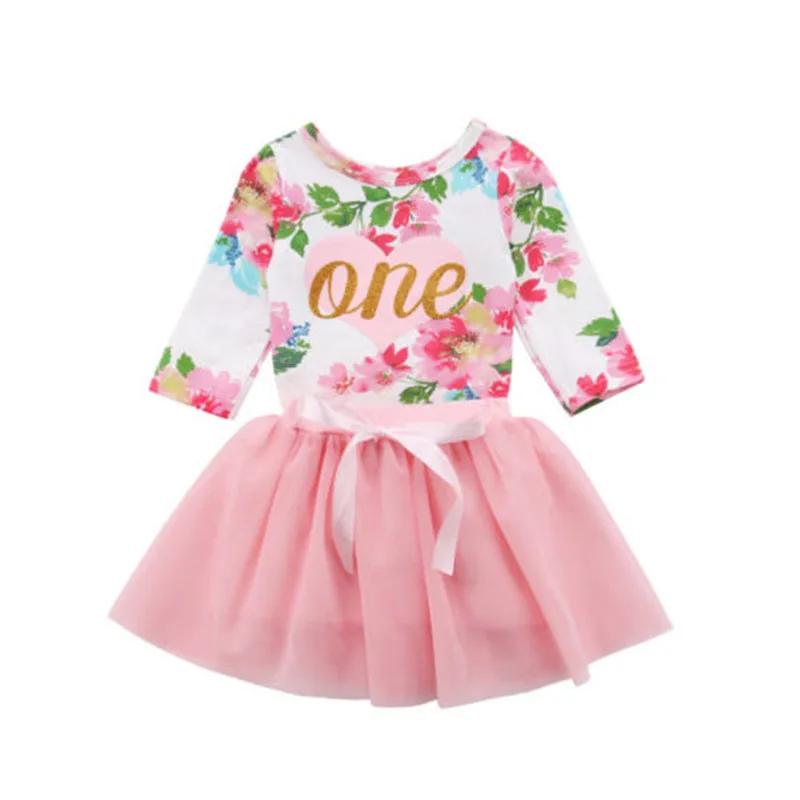2018 Cute Pink Newborn Infant Kids Baby Girls Floral One Tops Long Sleeve Romper Tulle Tutu Dress Outfits Set 0-24M | Детская одежда и