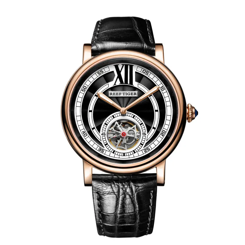 US $128.62 Reef TigerRT Luxury Watches For Men Rose Gold Tourbillon Automatic Watches Genuine Leather Strap RGA192