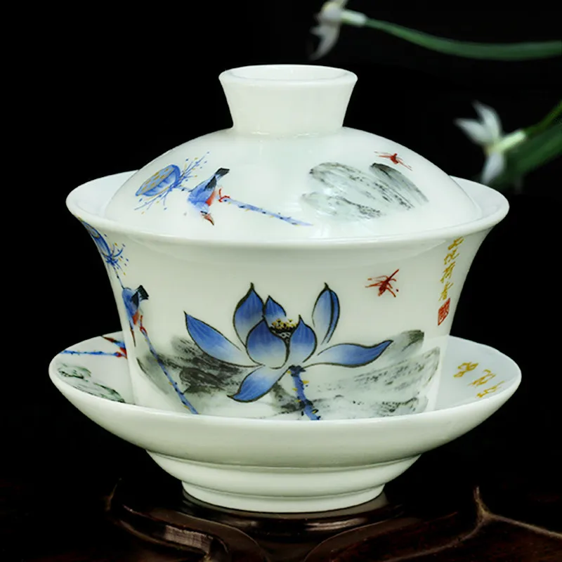 Ручная роспись тушью Лотос керамический фарфор Gaiwan китайский чайный набор кунг-фу ручной работы чайная посуда Tureen Sancai чайная чашка пуэр чайник