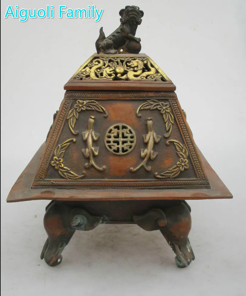 

Asian Antique Old Copper Gilt Style Hand Carved Big Lion Censer/Home Decoration Chinese Qing/Ming Dynasty Incense Burner