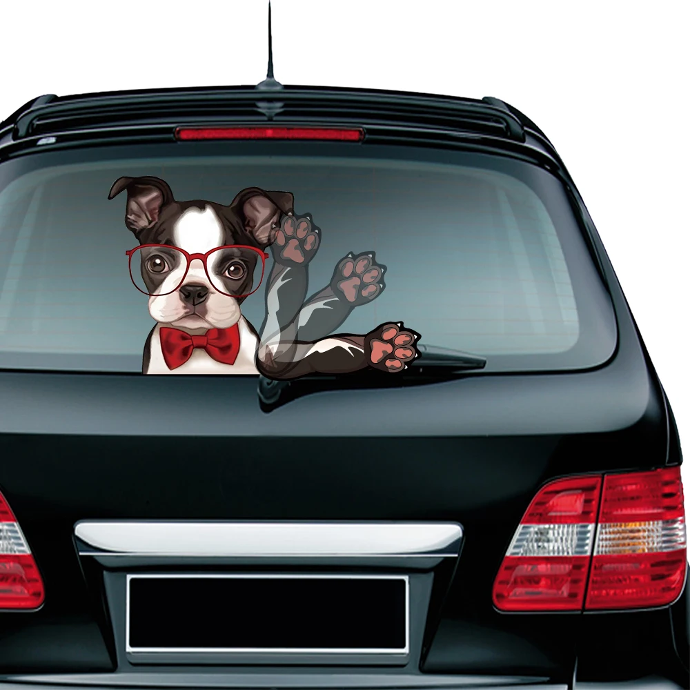 Cute Dog with Glasses Waving Wiper Decals PVC Rear Window Wiper Stickers Rear Windshield