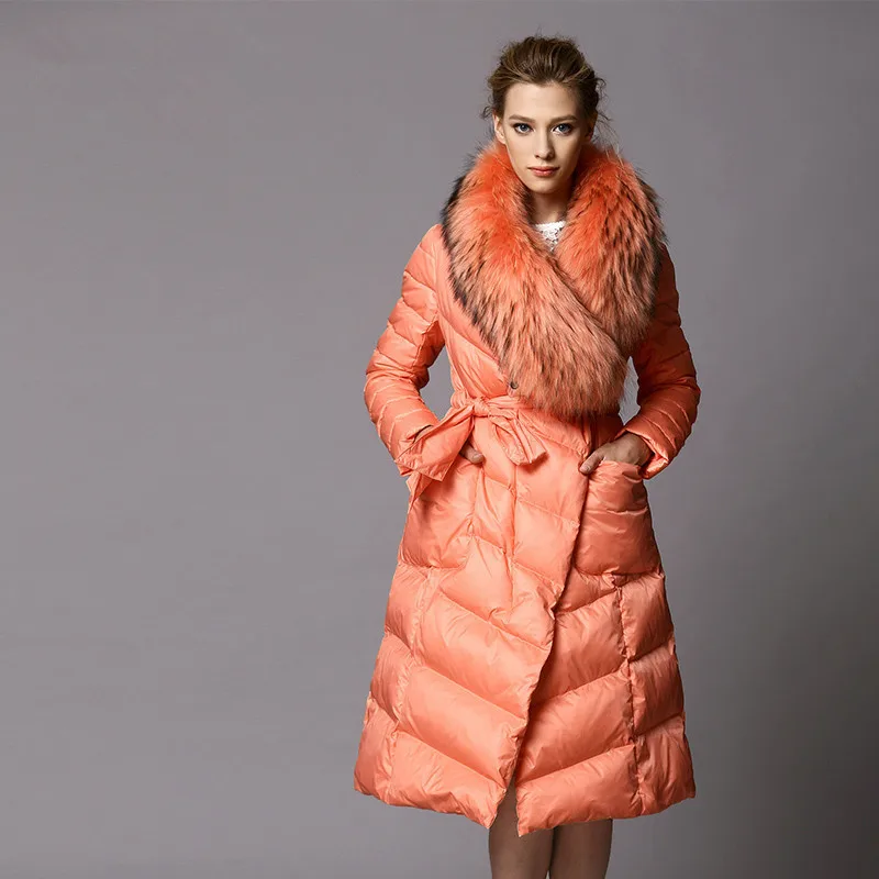 Женский пуховик 2019 длинный утолщенный роскошный Воротник из меха енота piumino donna