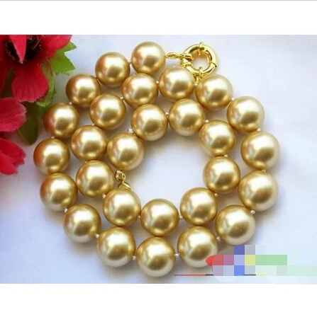

17" 14MM GOLD ROUND SOUTH SEA SHELL PEARL NECKLACE p985Noble style Natural Fine jewe fast SHIPPING