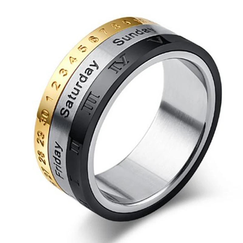 

Creative Rotatable 3 Part Roman Numerals Ring Men Jewelry 8mm Stainless Steel Cool Punk Spinner Male Date Time Calendar Rings