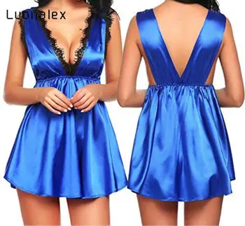 

Luonalex Hot Sexy Lingerie Exotic Women Silk Lace Robe Dress Babydolls Strap Backless Deep V-neck Female Nightdress Sleepwears