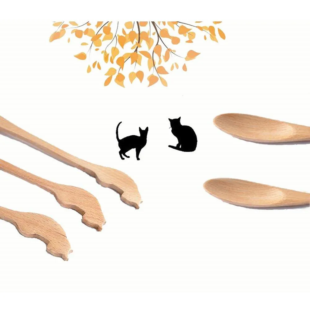 Cute Cat Wood Spoons Wooden Soup Spoon Long Handle Coffee Tea Drink Bar Cocktail Stirrer Mixing Eco Friendly Natural Ellipse Wooden 4 Pieces3