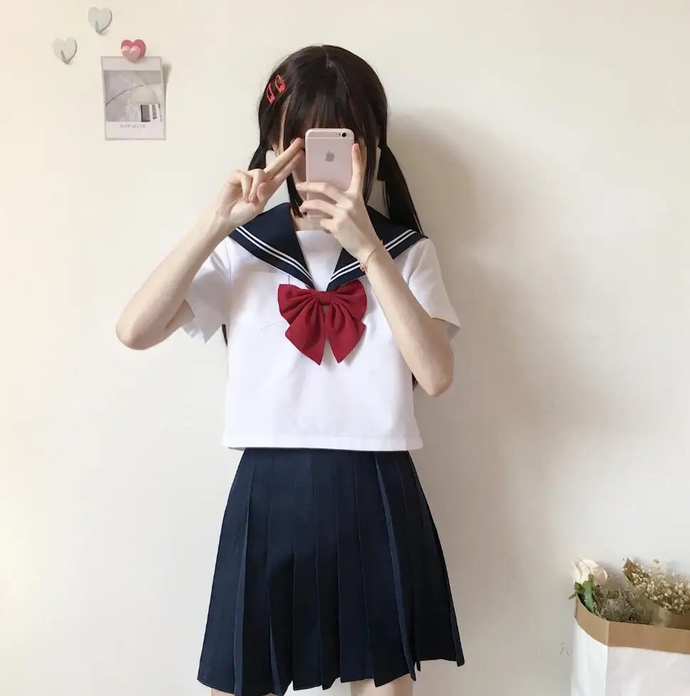 

white 2 lines JK Uniform Orthodox Japanese Sailor Clothes Long and Short Sleeves Student School Uniform Academic Style set JK009