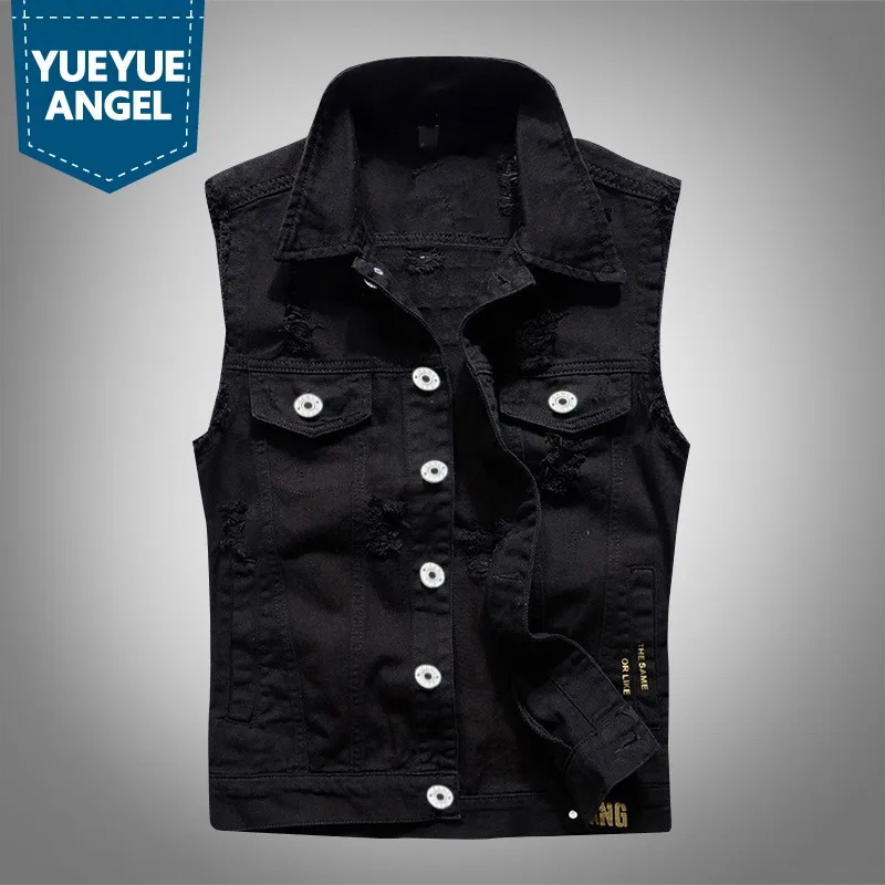 

New Arrival 2019 Personalized Slim Frayed Denim Vest Men Summer Black Printed Sleeveless Jacket Letter Casual Biker Vest Outwear