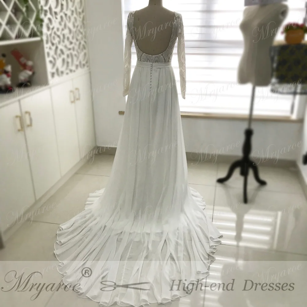 Mryarce Unique Lace Long Sleeves Open Back Simple Elegant Wedding Dress Chiffon Detachable Train  Bridal Gowns 6
