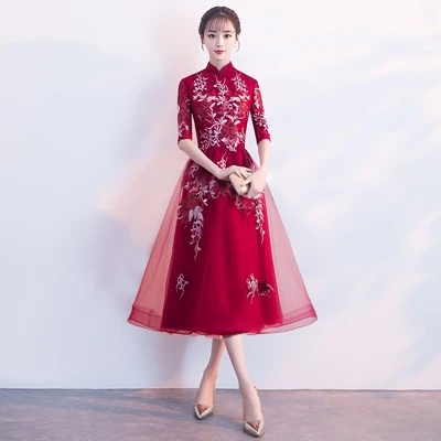 Высокая Низкая Cheongsam Coctail платье миди элегантные китайские платья Цветочная вышивка Vestido Fiesta коктейльное платье Выпускной TS663 - Цвет: 7