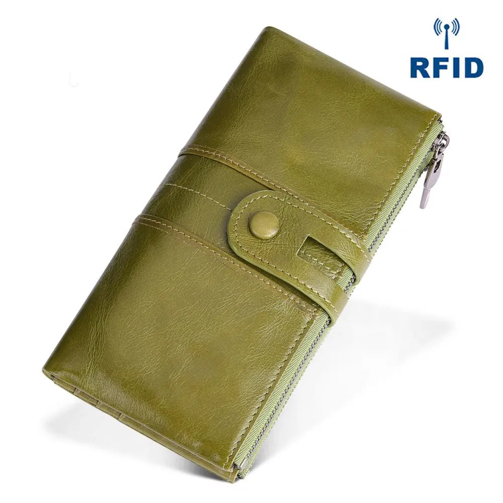  GENODERN RFID Genuine Leather Women Wallets Purse Lady Clutch Long Wallet with Zipper Coin Purse Wo
