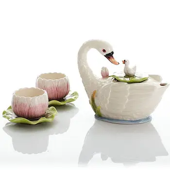 

Creative Swan teapot Afternoon tea cups ceramic tea set 1 coffee pot 2 cups saucer suit wedding decoration Valentine 's Day gift