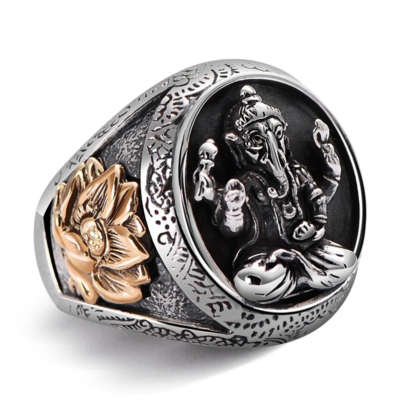 

925 Sterling Silver Retro Men Male Ganesha Ring Thai Silver Fine Jewelry Gift Finger Ring CH036389