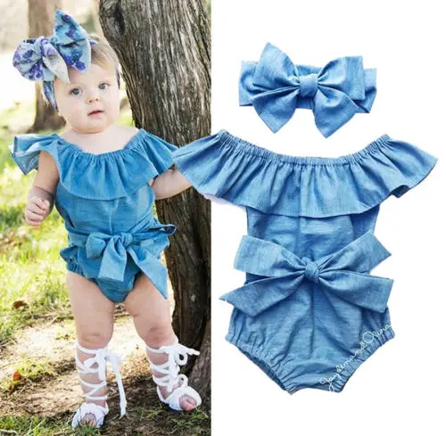 

Emmababy Kids Girls Bodysuit Front Bowknot Solid Color O Neck Bodysuit+ Headband Outfits 2PCS Toddler Infant Kids Clothes 0-24M