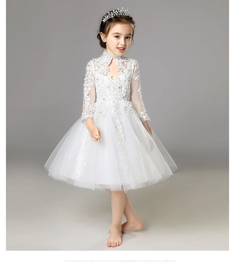 Элегантное Белое Тюлевое платье с блестками и цветочным узором для девочек; праздничное платье принцессы с длинными рукавами; вечерние платья для девочек на свадьбу; платье для первого причастия