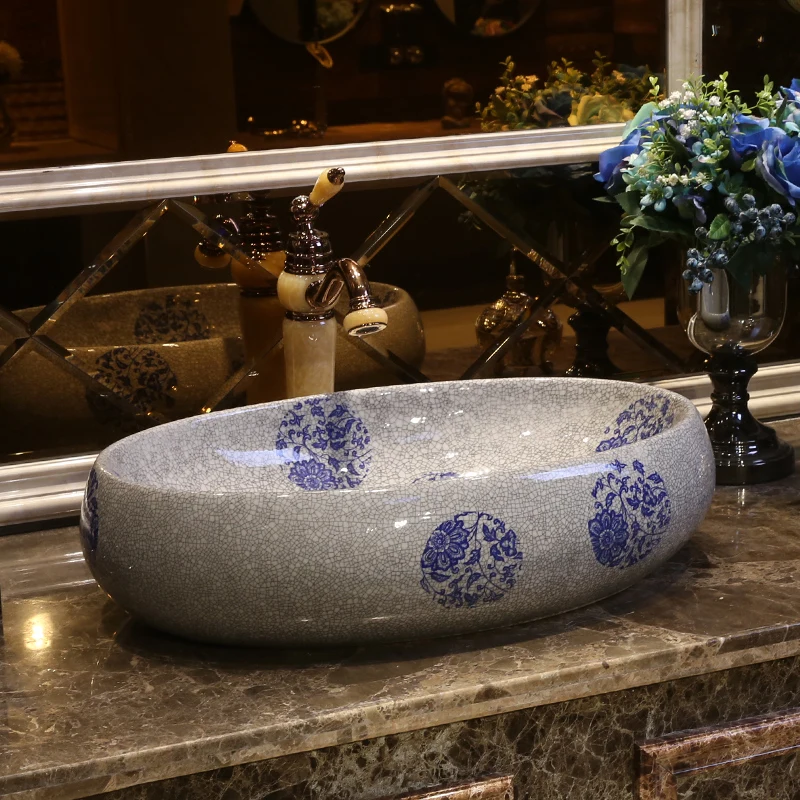 Oval Handmade China Artistic Art wash basin Ceramic Counter Top Wash Basin Bathroom Sinks blue and white handmade bathroom sinks (17)
