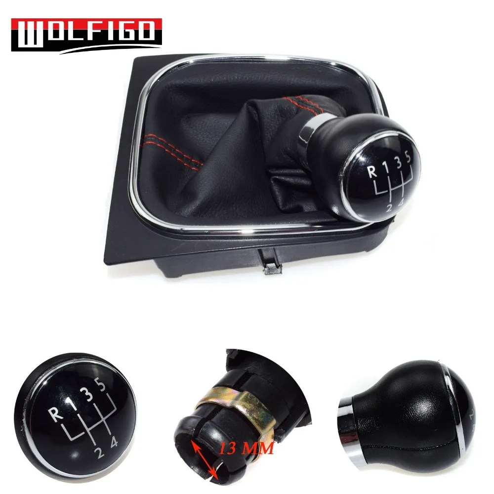 WOLFIGO 5 Speed Manual Leather Gear Shift Knob Red Stitch For VW/Golf 6
