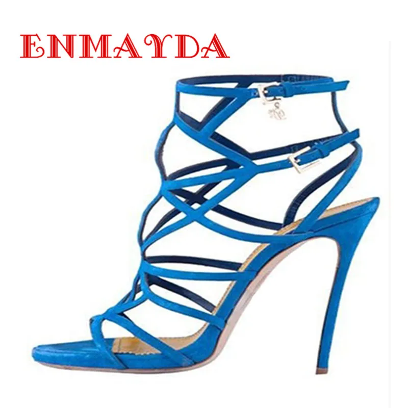 ENMAYDA Open Toe Back Zip Closure Knee High Gladiator Summer Boots Booties High Heels Woman Sandals Flock Upper Plus Size 34-46